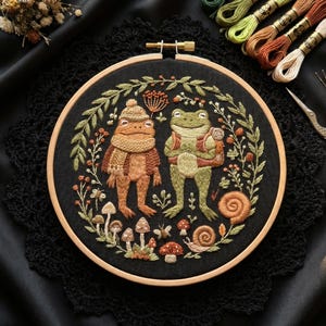Peut inclure: Un tambour à broder circulaire en bois contenant un tissu noir avec un motif brodé à la main représentant deux grenouilles. L'une porte un bonnet et une écharpe en tricot beige, l'autre un sac à dos. Le décor inclut des champignons et un escargot.