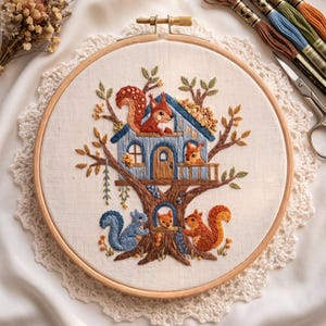 May include: An embroidery hoop containing a fabric panel with a stitched scene of a blue treehouse nestled in a brown tree. Four squirrels in shades of red and blue are positioned around the treehouse and trunk, surrounded by embroidered leaves.