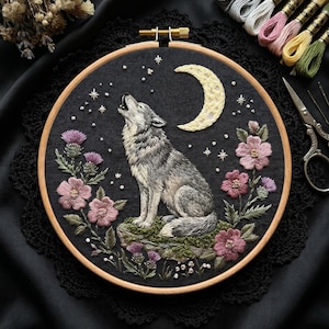 Wolf Embroidery Kit | Howling at the Moon Needlepoint | Celestial Woodland DIY Craft | Nature Lover Wall Art Gift