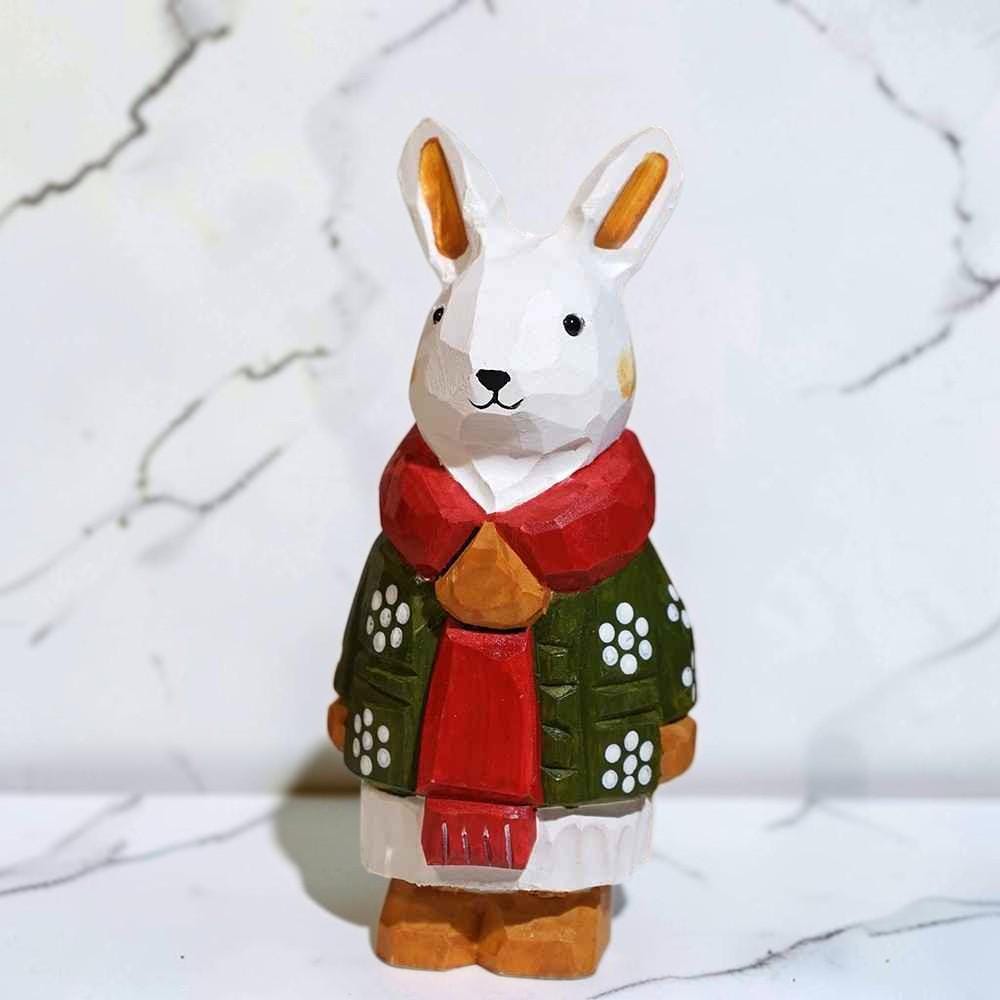Handcrafted Wooden White Rabbit Statue | Christmas Bunny Figurine | Cute Desk Accessory | Winter Room Decor | Carved Wood Animal Gift