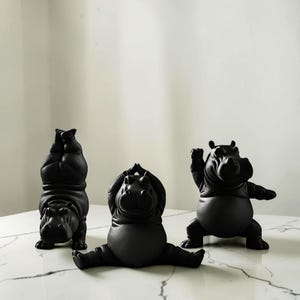 Conjunto moderno de 3 piezas de adornos de hipopótamo para yoga / Escultura minimalista de animal en versión Q / Decoración de escritorio zen y tranquila / Regalo para estudio de yoga