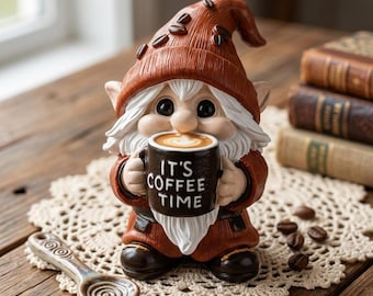 Whimsical Coffee Time Gnome Figurine, Rustic Farmhouse Decor, Cozy Coffee Bean Hat Statue, Coffee Lover Gift, Office Desk Accessory