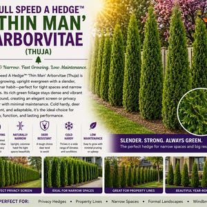 May include: A row of vibrant green 'Thin Man' Arborvitae trees, perfect for privacy screens and narrow spaces. The image includes text that reads 'Full Speed A Hedge' and 'Slender. Strong. Always Green.'