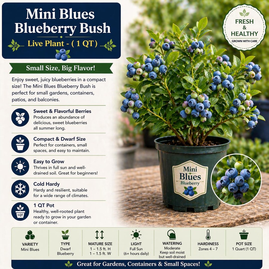 Mini Blues Dwarf Blueberry Bush | Compact Live Plant, Sweet Berries (1 ...
