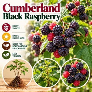May include: Cumberland Black Raspberry plant information graphic featuring text, icons, and images of dark purple and red berries on green leafy stems, alongside a bare-root plant illustration with exposed roots on a wooden surface.