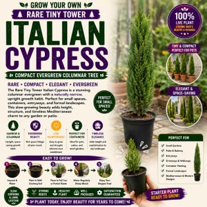 May include: A tall, slender Italian Cypress evergreen tree in a black plastic pot, accompanied by an infographic featuring the text 'Rare Tiny Tower Italian Cypress', 'Grow Your Own', and 'Easy to Grow' with five numbered steps and plant care icons.