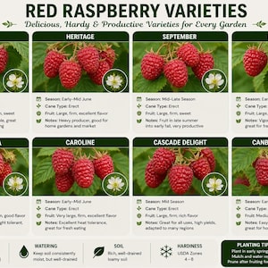 May include: An illustrated guide to red raspberry varieties, including Dorman, Heritage, September, Latham, Nantahala, Caroline, Cascade Delight, and Canby Thornless. Each variety is shown with a cluster of red berries and a white flower.