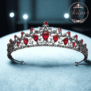 Svart gotisk röd kristalltiara, mörk drottningkrona, rubinfärgad brudhuvudbonad, vampyrbröllopskrona, balprinsesskrona, renässanshårtiara