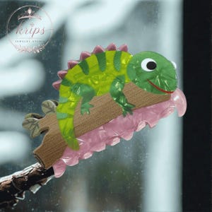 Schattige leguaanhaarklem, kawaii hagedishaarklem, cadeau reptielenminnaar, groene leguaanhaarklem, cottagecore haarklem, schattige haarklem van hars