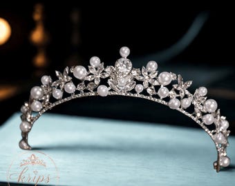 Pearl Bridal Tiara, Crystal Wedding Crown, Silver Pearl Headpiece, Floral Wedding Tiara, Bridal Hair Accessory, Princess Prom Pageant Tiara