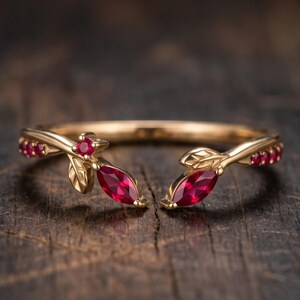 Marquise Ruby 9k Gold Open Cuff Leaf Ring, Botanical Vine Nature Jewelry, July Birthstone Gift, Romantic Promise Ring for Her