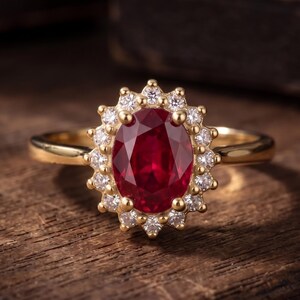 May include: A gold ring featuring a large, oval-cut deep red ruby at the centre, surrounded by a halo of small, round, clear white stones. The band is smooth and polished gold, creating a classic look with a vibrant, saturated gemstone centrepiece.