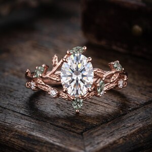 Nature Inspired Oval Moissanite Engagement Ring Rose Gold Leaf Twig Band Moss Agate Unique Bridal Promise Ring Vintage Branch Vine