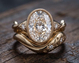 May include: A gold ring set featuring a large oval-cut center stone surrounded by a beaded bezel. The band and the matching contoured wedding band are decorated with engraved star motifs, each accented with a small, round, clear inset gemstone.