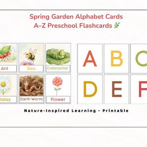Könnte beinhalten: Spring Garden Alphabet Karten mit A-Z Vorschulkarten. Die Karten zeigen Illustrationen einer Ameise, Biene, Raupe, Gänseblümchen, Regenwurm und Blume. Die Buchstaben A bis F sind ebenfalls abgebildet. Natur-inspiriertes Lernen.