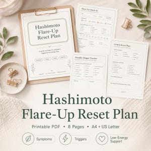 May include: A printable Hashimoto Flare-Up Reset Plan with the text "Hashimoto Flare-Up Reset Plan". The plan includes pages for tracking symptoms, triggers, and low-energy days. The image also shows a clipboard, paper clips, and decorative leaves.