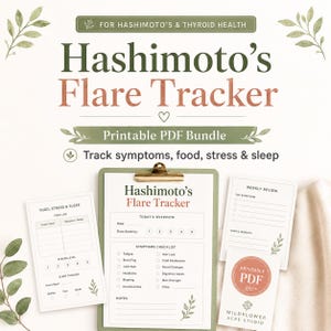 Puede incluir: Un paquete PDF imprimible para el seguimiento de brotes de Hashimoto. El diseño incluye una carpeta, una lista de verificación de síntomas y hojas de revisión semanal. El texto incluye "Seguimiento de síntomas, alimentación, estrés y sueño."