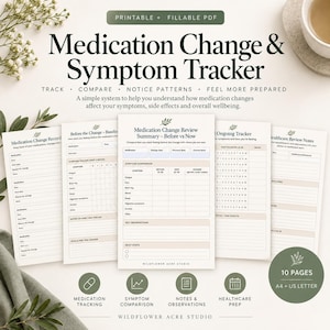 May include: A printable and fillable PDF medication change and symptom tracker set featuring ten pages in A4 and US letter sizes. The documents include sections for medication records, symptom comparisons, ongoing tracking, and healthcare review notes.
