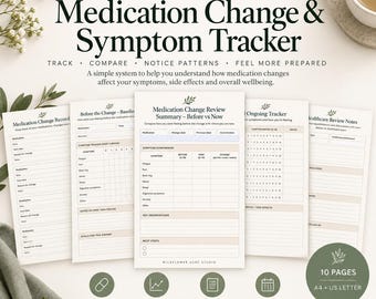 Medication Change & Symptom Tracker | Side Effect Log | Fillable Printable PDF