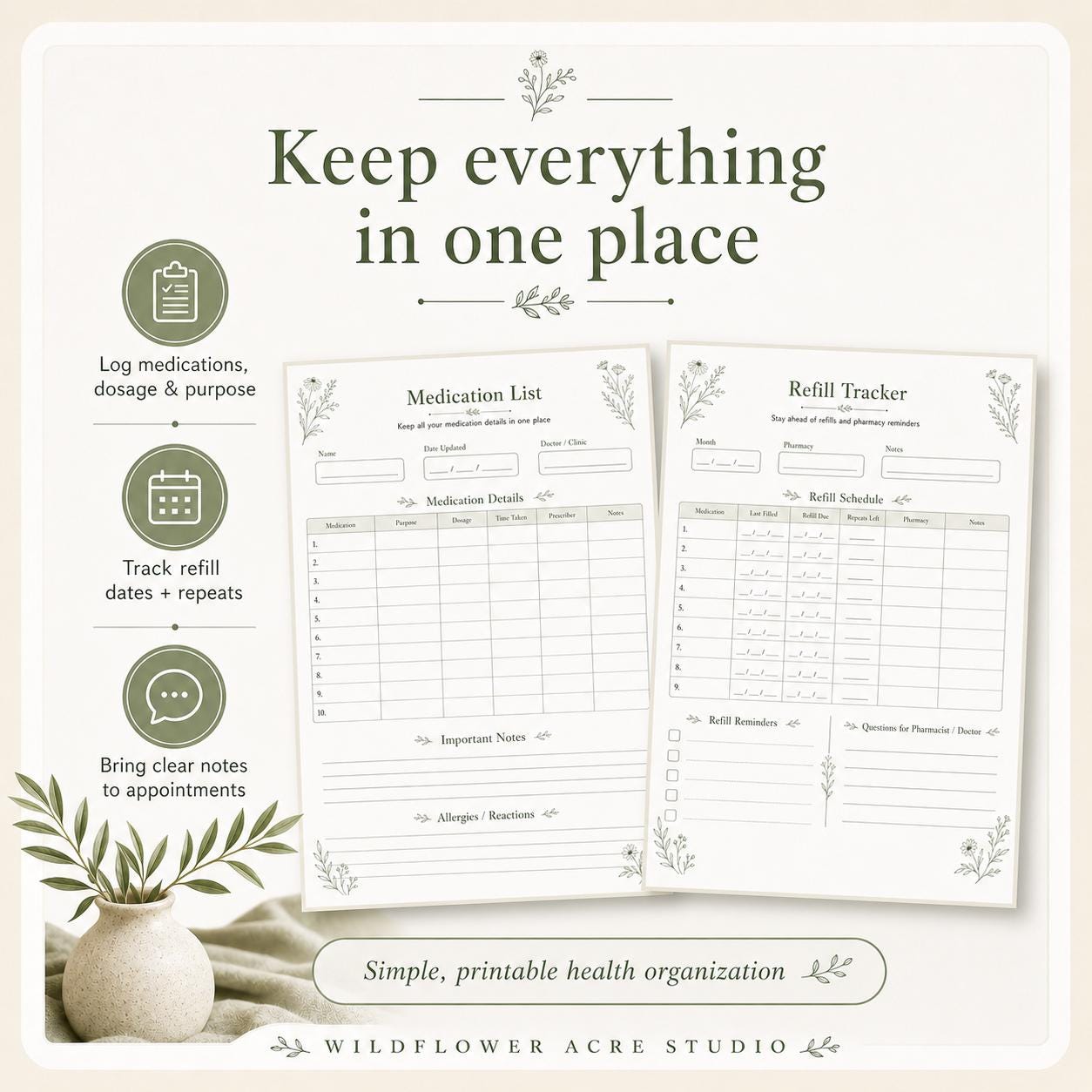 Refill Roster Log Medication Tracker Printable PDF | Daily Medicine Log, Weekly ...