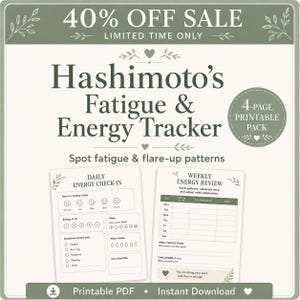 May include: A 4-page printable Hashimoto's Fatigue & Energy Tracker in sage green and cream. The document includes a Daily Energy Check-In with mood icons and symptom checklists, and a Weekly Energy Review for tracking patterns, wins, and challenges.