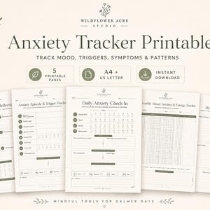 Può includere: Set di Anxiety Tracker stampabili con cinque pagine per monitorare umore, fattori scatenanti e sintomi. I documenti includono titoli come Daily Anxiety Check-In e My Calm Toolkit, disponibili in formato A4 e US Letter per il download.