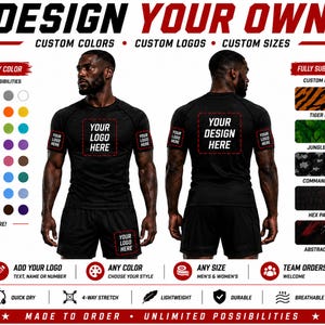 Könnte beinhalten: Ein schwarzes Sport-Set aus kurzärmeligem Shirt und Shorts mit anpassbaren Bereichen, die mit YOUR LOGO HERE und YOUR DESIGN HERE beschriftet sind. Die Grafik zeigt Farbmuster, Druckoptionen wie Tiger- oder Dschungelmuster sowie Text zu Eigenschaften wie schnelltrocknend, 4-Wege-Stretch, leicht, langlebig und atmungsaktiv.