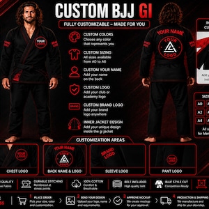 Può includere: Un kimono da BJJ nero con aree personalizzabili per loghi, nomi e design del marchio. Il set include giacca e pantaloni con cuciture rinforzate, tessuto a trama perlata e una cintura. Il display mostra le opzioni di taglia da A0 ad A6.