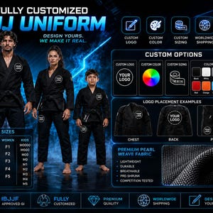 Può includere: Una divisa da BJJ nera completamente personalizzabile composta da giacca e pantaloni con opzioni di posizionamento del logo su petto, schiena e gamba. Il set include una tabella delle taglie, campioni di colore e un dettaglio del tessuto.