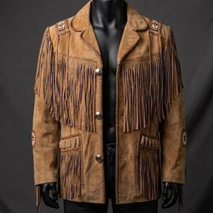 Men’s Brown Native American Style Suede Leather Jacket with Fringe - Western Cowboy Coat Handmade
