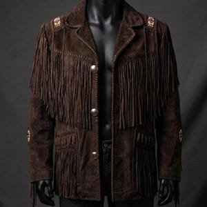 Mens Western Suede Fringe Jacket - DarkBrown Vintage Cowboy Leather  Native American Style Jacket