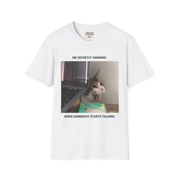 Cross-Eyed Yawning Cat T-Shirt | Sleepy Cat Illustration, Understated Humor Tee