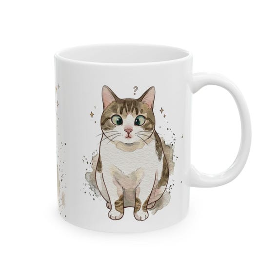 Cross-eyed Cat Stars and Dust Ceramic Mug: Adorable Tabby Illustration Coffee Tea Cup
