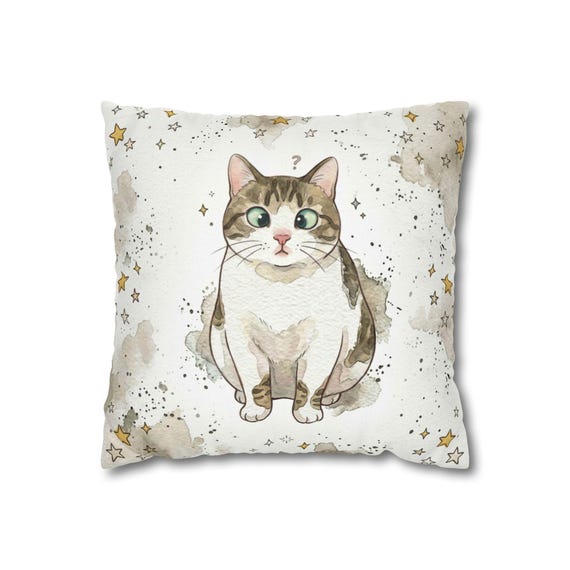 Cross-eyed Cat Pillow Cover, Whimsical Stars Dust Pattern, Spun Polyester Square Cushion