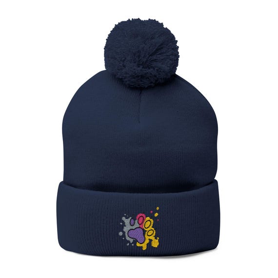 Colorful Paw Print Embroidery Knit Cap | Pom-Pom Beanie