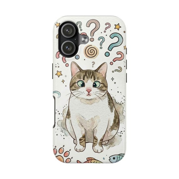 Curious Cross-eyed Cat Phone Case | Watercolor Question Mark Pattern, Protective Shell