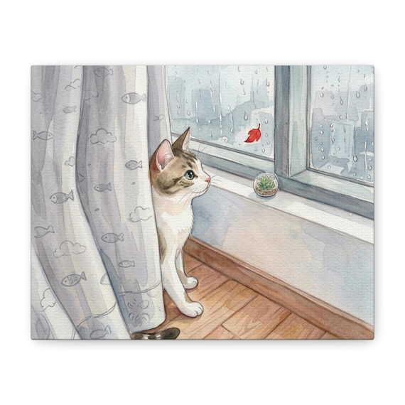 Curious Cat Watercolor Canvas Print: Kitten Watching Rain Through Window Art