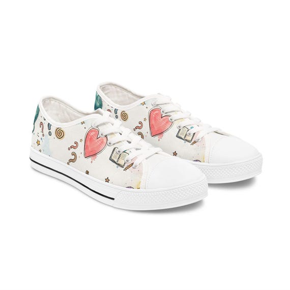 Whimsical Love Icons Sneakers | Hearts, Stars, Books Low Top Sneakers