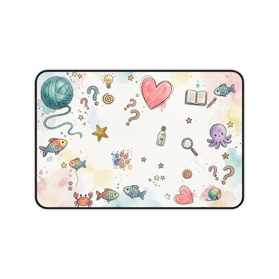 Whimsical Watercolor Desk Mat | Cat, Ocean, Yarn Icons, Workspace Accessory