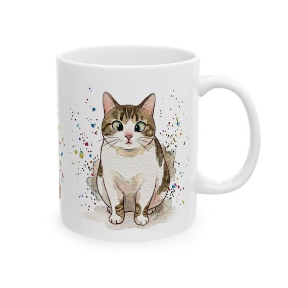 Cross-eyed Cat Colorful Ceramic Mug: Watercolor Tabby Coffee Tea Cup (11oz or 15oz)