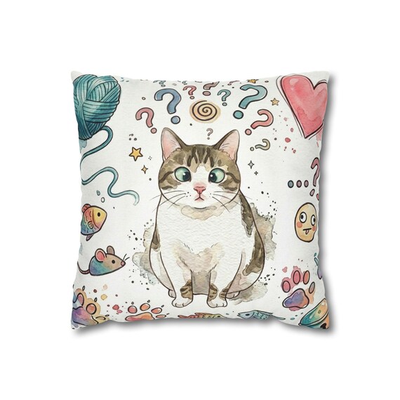 Cross-eyed Cat Pillow Cover, Yarn Heart Paw Print Whimsical Watercolor Design