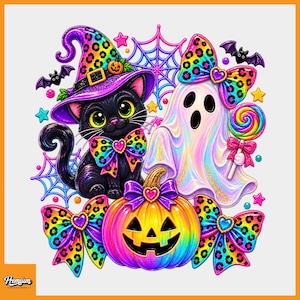 May include: A digital illustration featuring a black cat wearing a leopard print witch hat, a ghost with a leopard print bow, and a rainbow pumpkin. The design includes colorful spider webs, bats, stars, and a lollipop, all with vibrant neon accents.