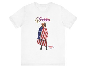 Bobbie portrait wrapped in American flag Tee | Patriotic novelty t-shirt