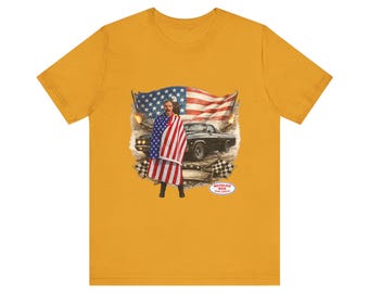 Men's Graphic Tee: American Flag Muscle Car Print, Unisex Bella Canvas Shirt