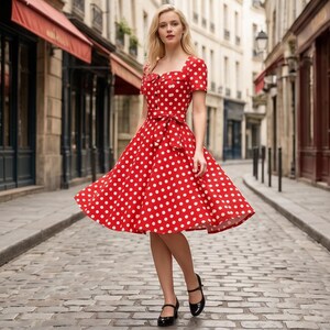 French Retro Polka Dot Midi Dress, Elegant Square Neck, Vintage Short-Sleeved Picnic Dress