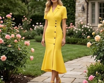 Elegante abito midi giallo con scollo a V e bottoni - Abito estivo chic a trapezio con maniche corte, perfetto per occasioni formali e quotidiane.
