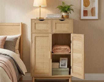 Rattan Storage Cabinet Natural Wood Pantry Organizer with Drawers Adjustable Shelf Cupboard for Kitchen Bathroom Living Room Office