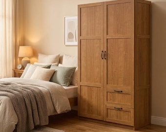 Highland Oak Storage Armoire Cabinet with Hanging Rod and Drawers, Tall Wooden Wardrobe Closet for Bedroom or Pantry