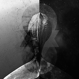 Puede incluir: Impresión artística abstracta en blanco y negro que representa la cola de una ballena. La imagen está dividida verticalmente, con un lado moteado y más claro y un lado oscuro y estrellado. Formas geométricas superpuestas.