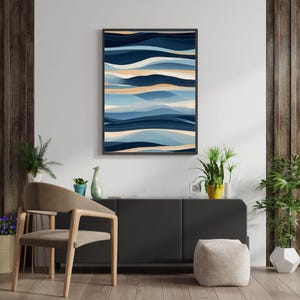 Modern Abstract Ocean Waves Wall Art, Blue and Beige Coastal Canvas Print, Minimalist Sea Landscape Poster, Mid Century Navy Home Decor